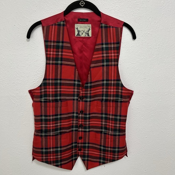Peter Christian Other - Peter Christian Wool Waistcoat Vest Red Tartan Plaid 5 Button John Hanly Sz 36R